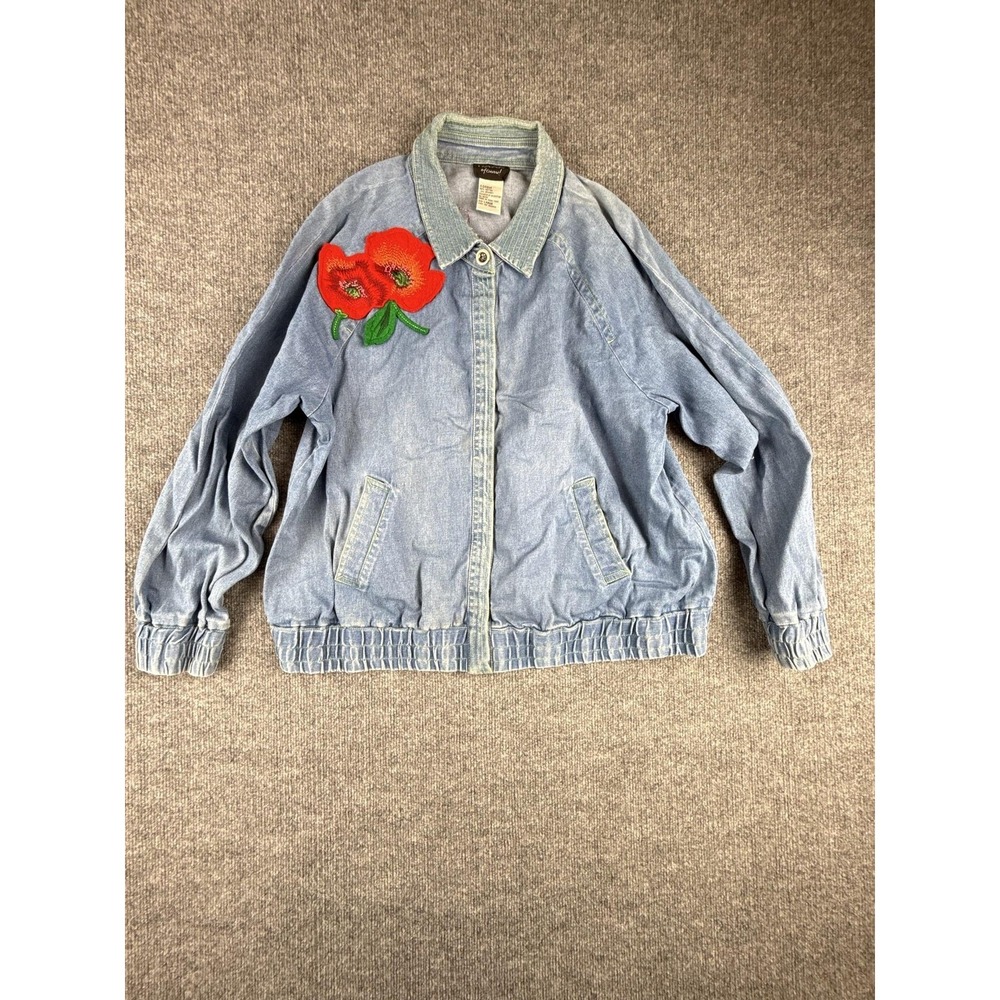 Koos Of Course Jacket Womens Large Blue Denim Embroidered Flower Bomber Collared